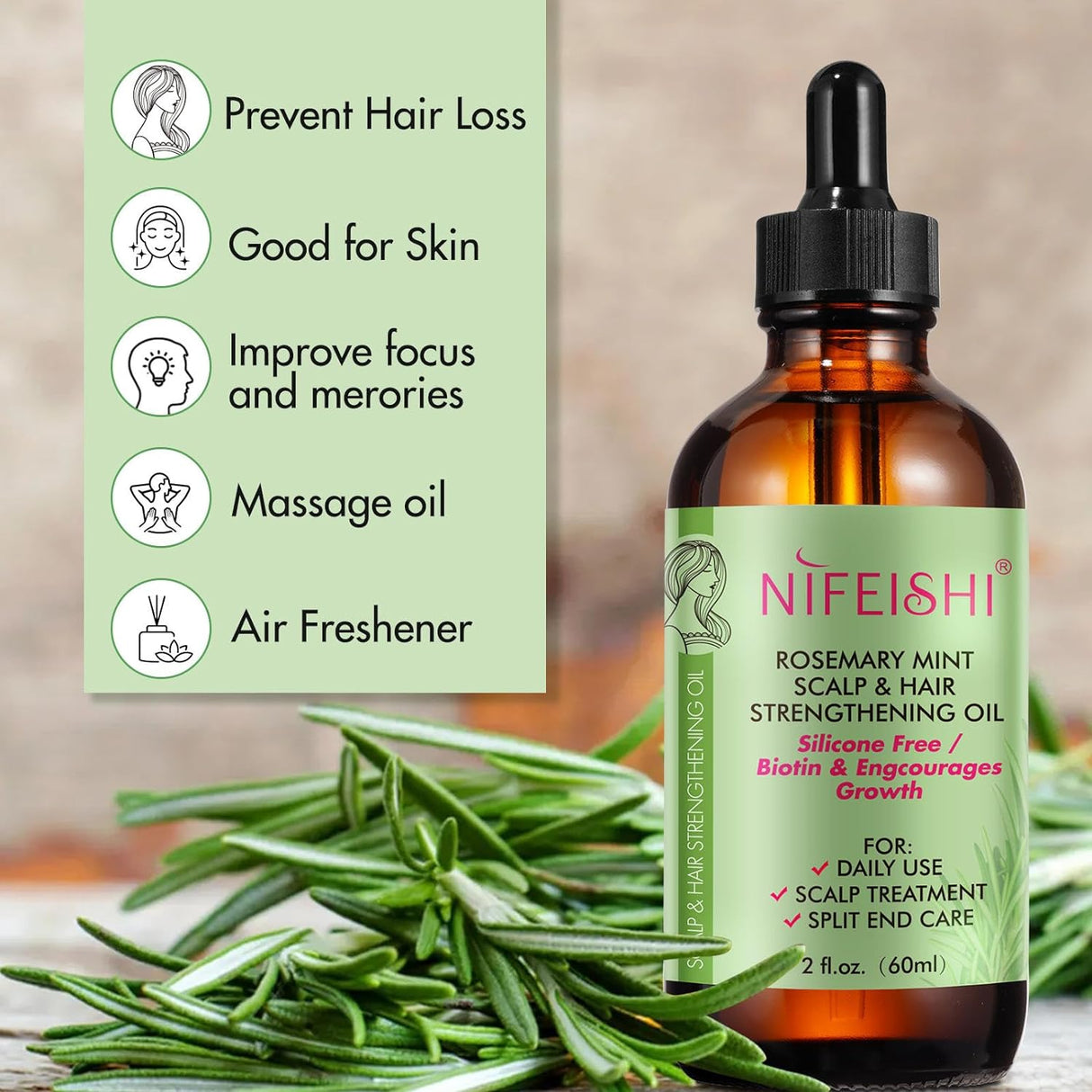 Rosemary Oil for Hair, 60ml - 100% Pure Rosemary Oil to Accelerate Hair Growth for Scalp and Hair - Suitable for Aromatherapy, Massage, and Aroma Diffusion