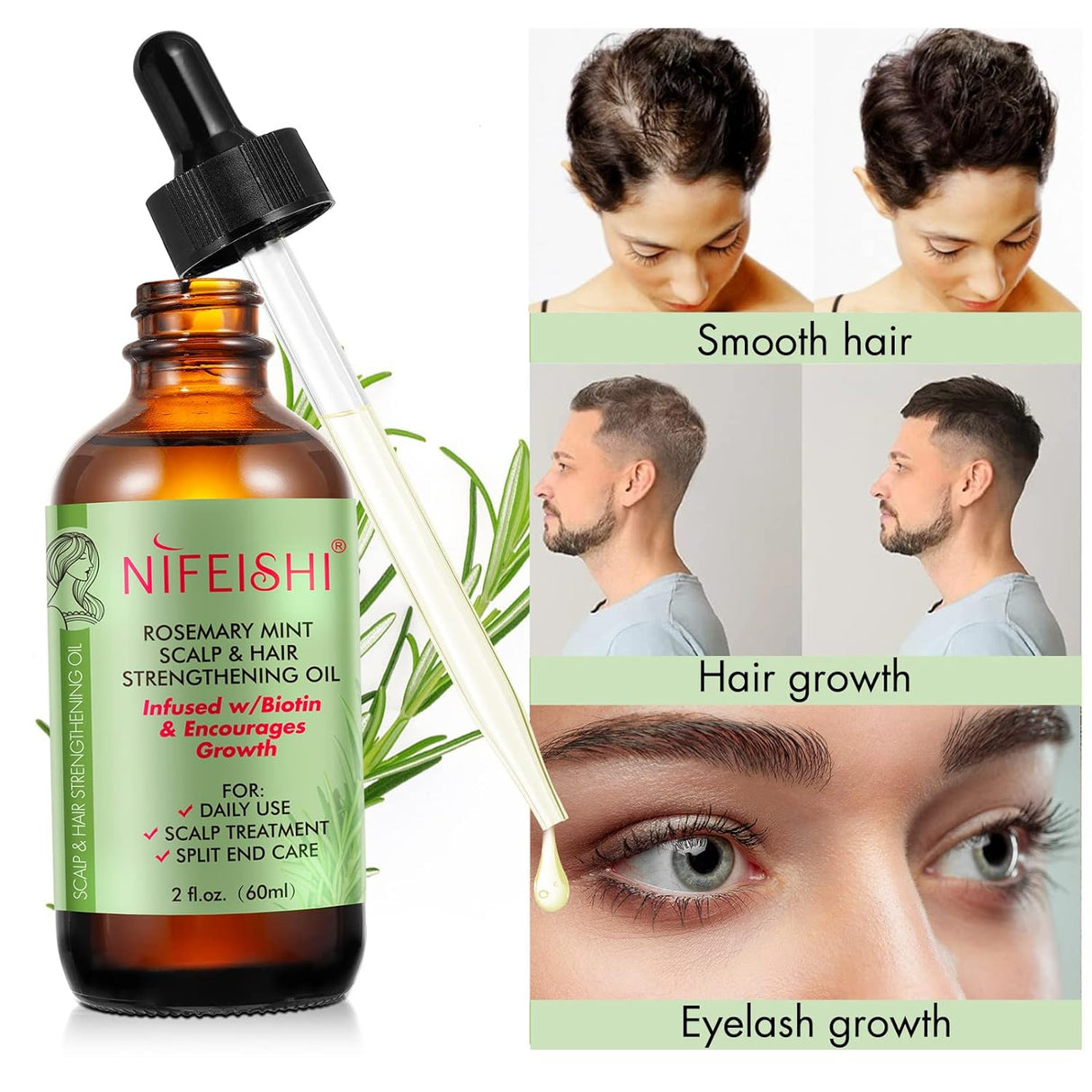 Rosemary Oil for Hair, 60ml - 100% Pure Rosemary Oil to Accelerate Hair Growth for Scalp and Hair - Suitable for Aromatherapy, Massage, and Aroma Diffusion